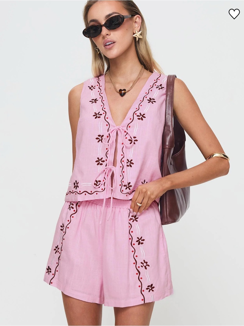 Princess Polly Bellamore Embroidered Two Piece Set Size 4 Tie Front Top & Shorts
